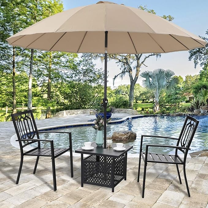 PHI VILLA Outdoor Patio Side Table Set of 2, 22" Small Black Metal Square End Table with Umbrella Hole, Outside Coffee Bistro Table for Porch, Deck, Balcony, Indoor