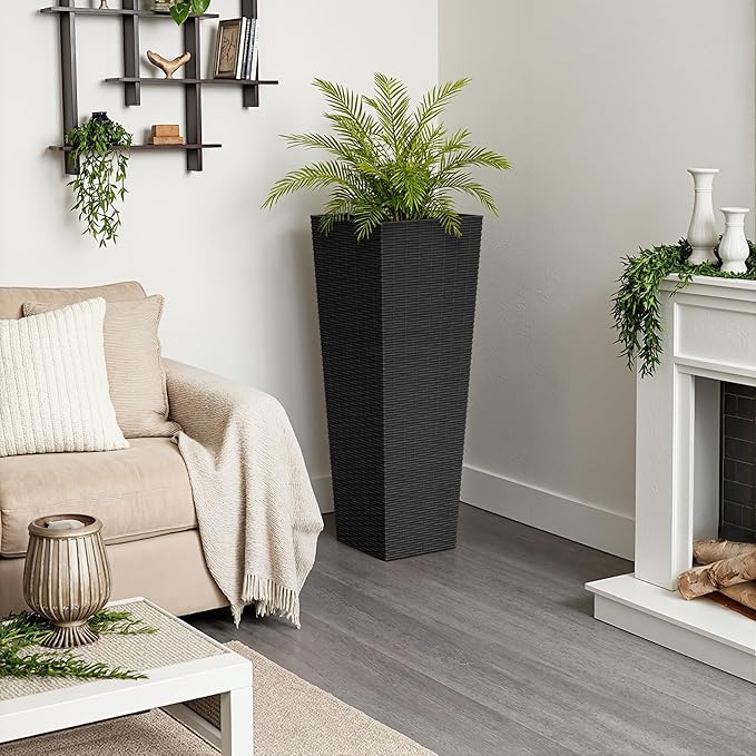 Greesum 32 Inch Tall Plastic Planters with Rattan Texture – Set of 2, Detachable Inner Pot & Drainage Holes, Indoor/Outdoor Decorative Flower Pots for Large Plants, Trees, Patio, and Garden, Black