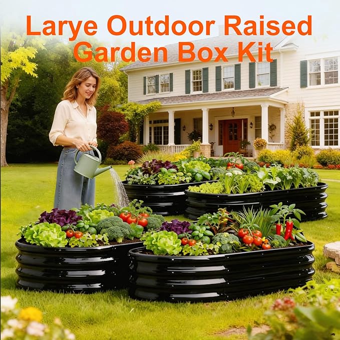 Raised Garden Bed Outdoor 2 Sets Oval Large Coating Metal Planter Box with No Heavy Metal for Vegetables, Flowers, Herbs