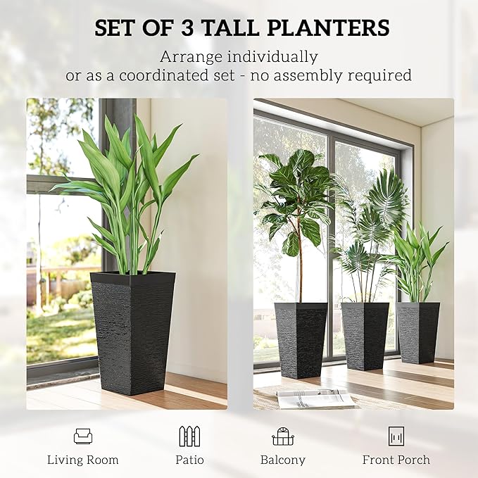 Outsunny 22.8 Inch Tall Planters for Outdoor Plants, Set of 3 Plastic Flower Pots with Stone Finish and Wheels, Stackable Tapered Planters with Drainage Hole for Indoor Plants, Front Porch, Black