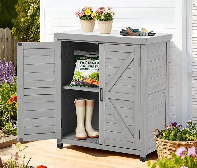 Outdoor Potting Bench with Storage Cabinet and Metal Top, Wood Workstation for Outdoor Patio, Garden (Classic Grey, 31x17x36‘’)
