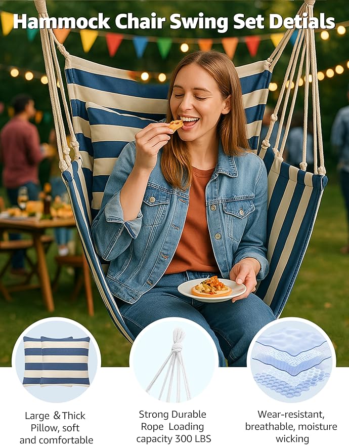 Hammock Chair Swing 2 Cushions Included - Hanging Rope Swing Max 400 Lbs Sturdy Soft Cotton Indoor for Bedroom Swing Chair Outdoor Patio Bedroom Porch Deck (Blue White Stripes)