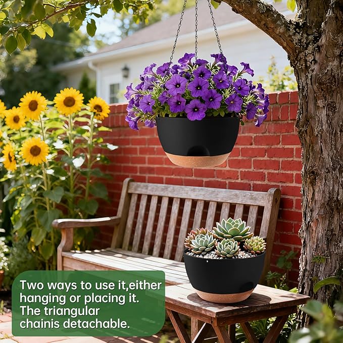 4-Piece Set of 8-Inch Hanging Planters with Automatic Watering System and Drip Tray, Includes Metal Chain, Suitable for Various Indoor and Outdoor Plants and Flowers, Black-Brown