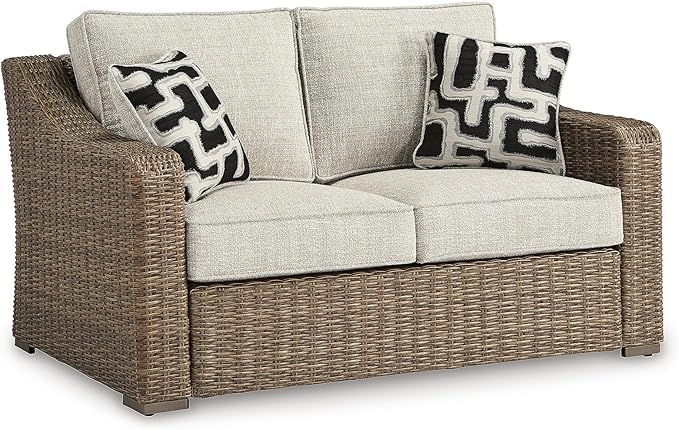 Signature Design by Ashley Beachcroft Casual Nuvella Weather Resistant Fabric, Resin Wicker Outdoor Loveseat with Cushion and 2 Accent Pillows, Dark Brown & Beige