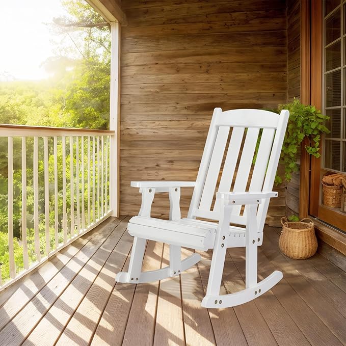VINGLI Heavy Duty 600 LBS Outdoor Wooden Rocking Chair with Higher Backrest,Patio Rocking Chair with Ergonomic Design, Weatherproof Outdoor Rockers Suit for Patio, Garden, Balcony, Yard, White