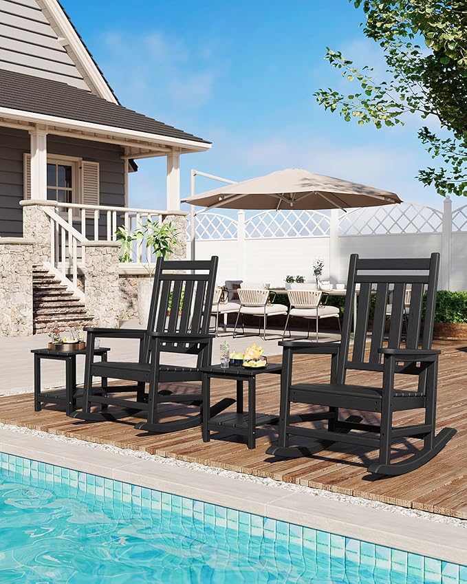 Rocking Chair Outdoor Set of 2 - HDPE Poly High Back Porch Rocker Chairs for Adults - All Weather Resistant Furniture for Patio Front Porch - Black