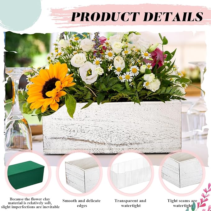 Dandat 4 Set Wood Boxes for Centerpieces 12x4 Inch Rectangle Wooden Planter Box Rustic Wooden Planters with Removable Plastic Liner Floral Foam Blocks for Christmas Wedding Home Garden Decor(White)