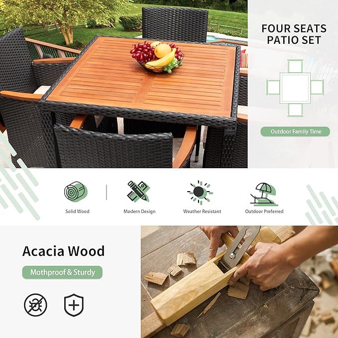 Flamaker 5 Piece Patio Dining Set Outdoor Acacia Wood Table and Chairs with Soft Cushions Wicker Patio Furniture for Deck, Backyard, Garden