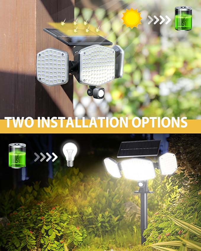 Solar Motion Sensor Outdoor Lights with Stakes, In-Ground or Wall Mount, 270° Wide Angle Illumination, 208 LED Solar Powered Security Flood Lights, IP65 Waterproof, 2 Pack