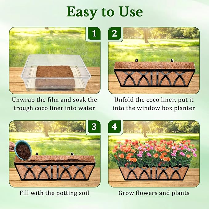 Halatool 4 Pack 24 Inch Window Box Liners, Pre-Formed Coco Fiber Replacement Liner, Natural Coconut Coir Planter Liners for Wall, Hanging Basket, Flower Pot, Fence and Railing