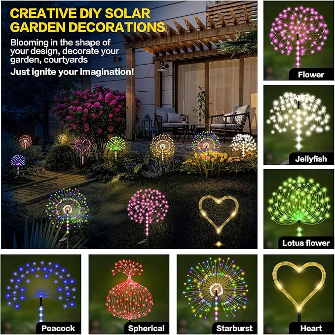 Garden Decor Solar Lights Outdoor,155LED 8 Lighting Modes Pole Light Waterproof Colorful Solar Garden Lights for Christmas, Halloween Decoration,Yard, Patio, Porch,Flower Pot,Pathway (2Pack)