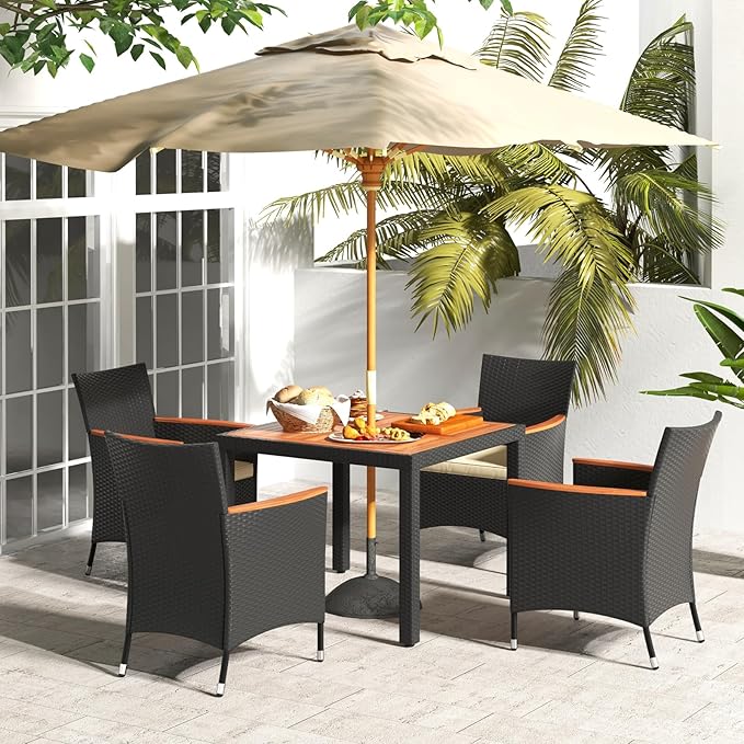 Tangkula 5 Pieces Rattan Outdoor Dining Set for 4, Outdoor Acacia Wood Table Set with 4 Cushioned Wicker Chairs, Umbrella Hole, Patio Dining Furniture Set for Deck Pool Backyard