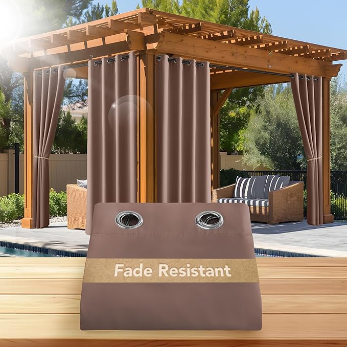 NICETOWN Fade Resistant Outdoor Curtains for Patio Waterproof, Lightfastness Grade 4 Longlasting Outside Drapes for Porch, Gazebo, Sun Blocking & Privacy Blackout Shades 2 Panels, Tan, W52 x L96 in
