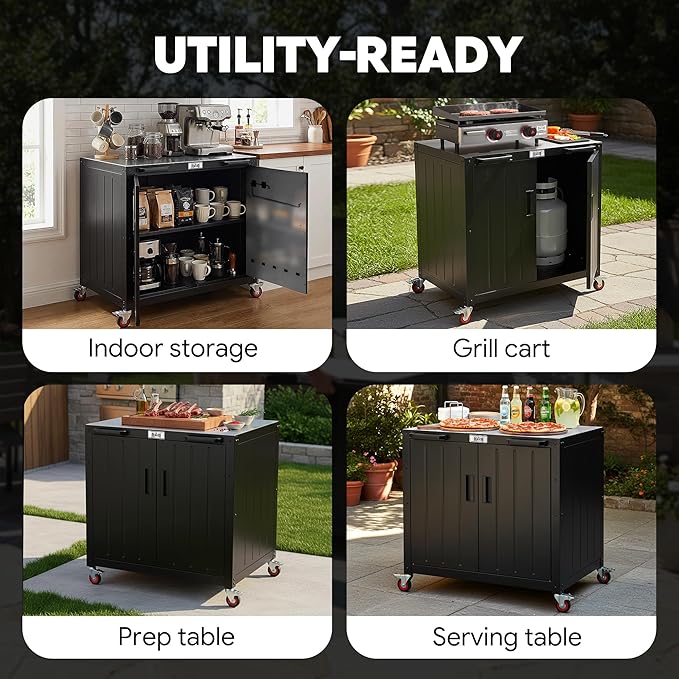 Outdoor Grill Cart with Storage Cabinet and Stainless Steel Top, 35-Inch Outdoor Grill Station with Door, Modular Kitchen Island for Food Prep and BBQ, Black & Silver