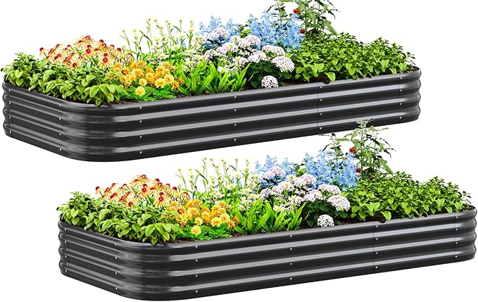 Quictent Galvanized Raised Garden Bed Kit, 8x4x1 ft Oval Metal Planter Box for Vegetables, Strengthened by Crossbar, Dark Gray, 2PCS