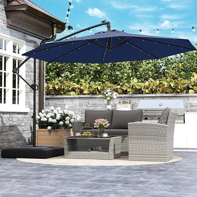Tangkula 10ft Solar LED Patio Umbrella with Base, Offset Cantilever Outdoor Umbrella with 32 LED Lights, Infinite Tilt, 360 Degree Rotation, Crank Handle for Pool Deck Garden Backyard (Navy)