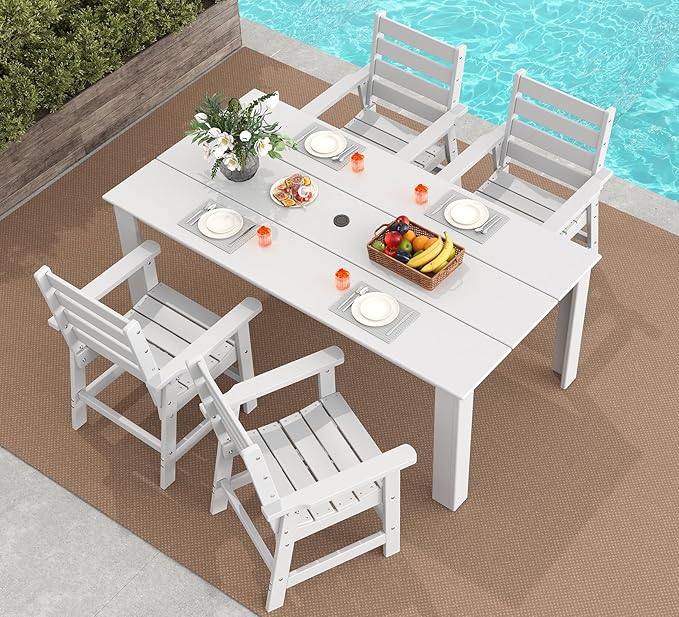 GREENVINES 5-Piece Outdoor Dining Set | HDPE | Patio Table and Chairs Sets for 4 | Patio Furniture | All Weather | Umbrella Hole | White | for Backyard Poolside Garden