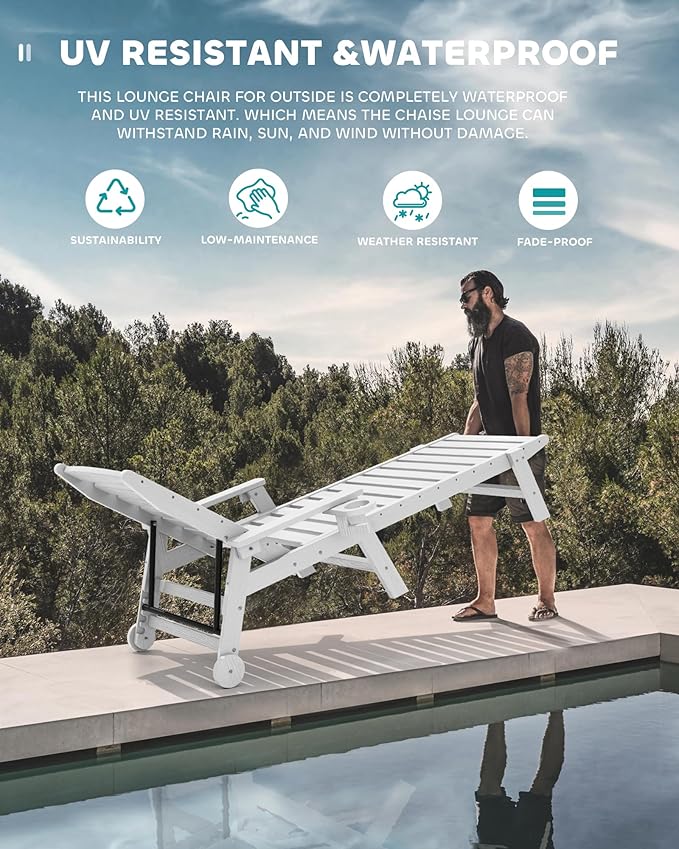 SERWALL Patio Chaise Lounge Chair Set of 2, 78'' Long 5-Positions Adjustable HDPE Outdoor Lounger for Pool, Poly Lounge Chair with Rolling Wheels & Cup Holder for Poolside, Deck, Space Grey