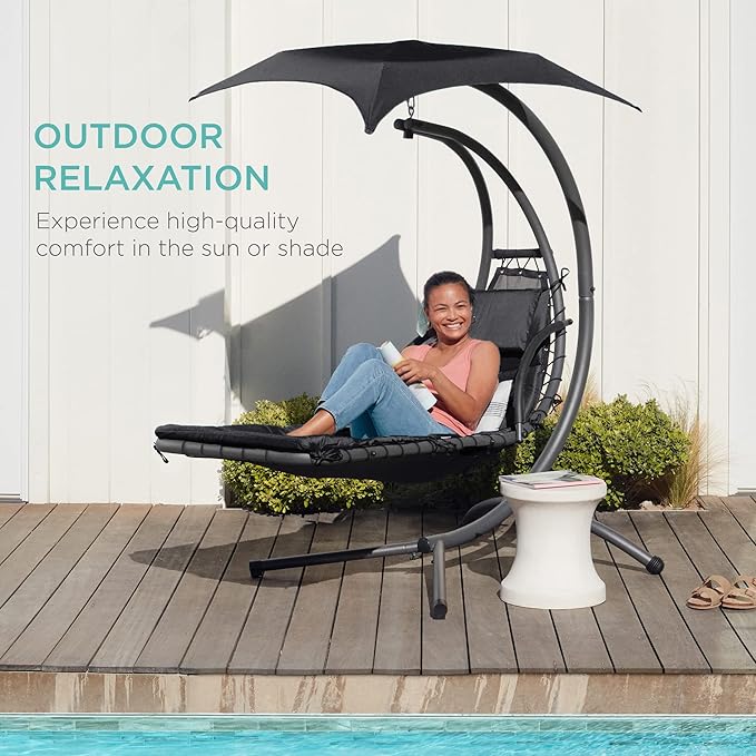 Best Choice Products Outdoor Hanging Curved Steel Chaise Lounge Chair Swing w/Built-in Pillow and Removable Canopy - Black