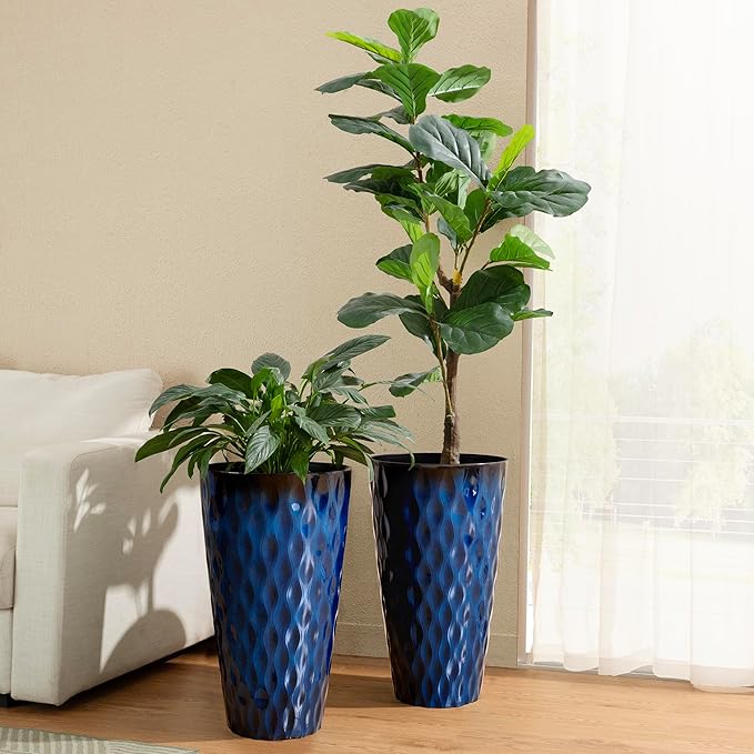 Glitzhome 23.75" H Tall Outdoor Planter, Set of 2 Wavy Texture Cobalt Blue Large Outdoor Planters, with Drainage Hole, Plastic Large Round Decorative Flower Plant Pot for Front Porch, Indoor