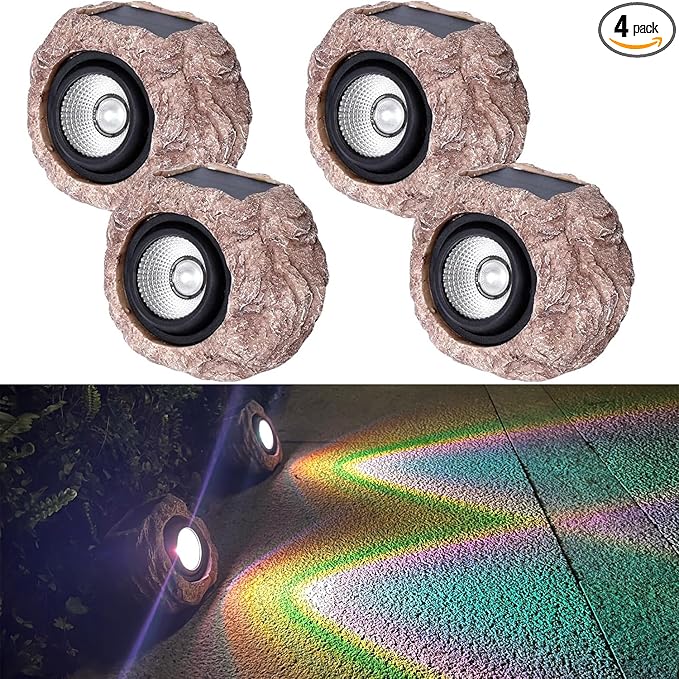 Solar Rock Lights Outdoor Waterproof, 4 Pack LED Colored Garden Rock Solar Light, Stone Statue Bright Solar Spot Light for Path, Yard, Patio, Lawn, Porch, Yard Decor.