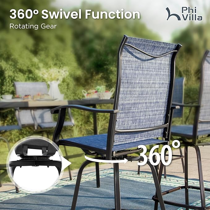 PHI VILLA Outdoor Swivel Bar Stools Set of 2, 30" Bar Height Tall Patio Chairs with All Weather Textilene Fabric, High Top Bar Chairs for Balcony, Porch and Deck, Blue