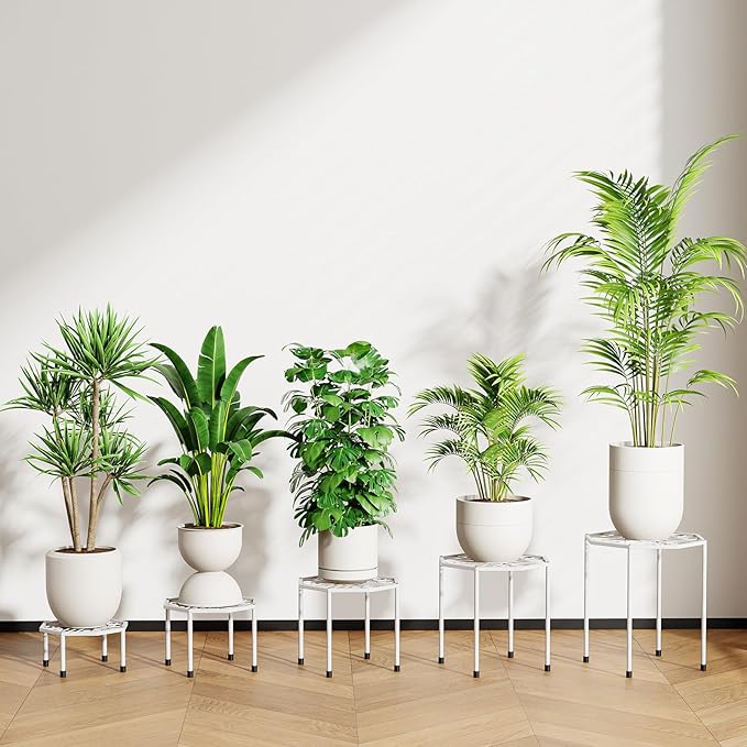 5-Pack Metal Plant Stands for Outdoor Indoor, Anti-Rust Iron Flower Pot Stand, Heavy Duty Plant Pot Shelf for Multiple Plant, Decoration Racks for Home, Patio & Garden (White)