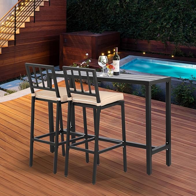 Outdoor Bar Table, Patio Console Pub Height Tables with Powder Coated Steel Frame, Weather Resistant Waterproof Top for Hot Tub, Balcony, Garden, Yard, Poolside (Black, 55" Bar Table)