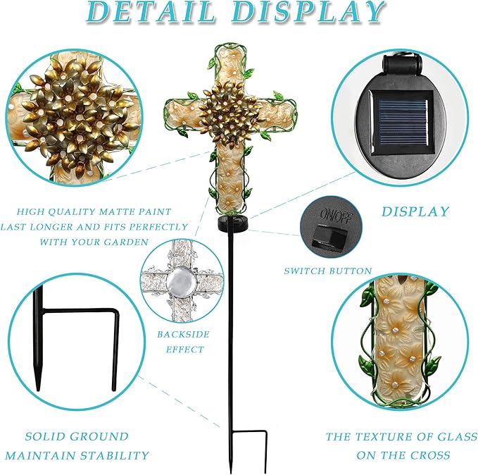 38inch Cross Garden Solar Lights Outdoor Decorative - Solar Metal&Glass Cross Apricot Hydrangea Flower Stake Lights- Waterproof 20 White LED for Remembrance Gifts & Sympathy Gifts