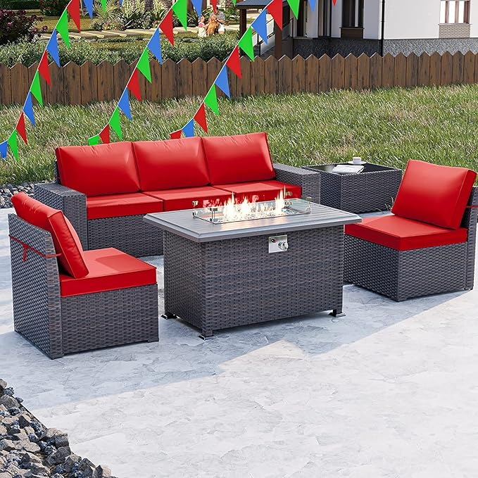 Kullavik 7 Pieces Outdoor Patio Furniture Set with 43" 55000BTU Gas Propane Fire Pit Table PE Wicker Rattan Sectional Sofa Patio Conversation Sets,Red
