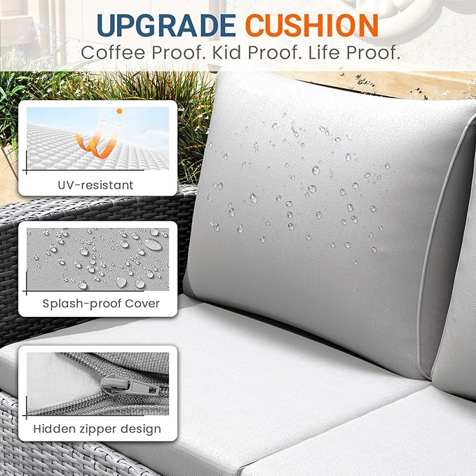 Wisteria Lane 5 Piece Patio Furniture Set, Wicker Outdoor Patio Conversation Furniture Set, All Weather Outdoor Patio Sofa with Cushion and Glass Table, Grey