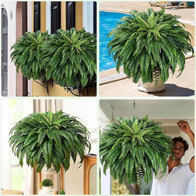 MARTINE MALL 2Pcs 48'' Fake Ferns Look Real Artificial Ferns for Outdoors, 88 Branches Large Faux Boston Fern for Outdoor Planter Realistic UV Resistant Hanging Artificial Fake Plants for Porch Patio