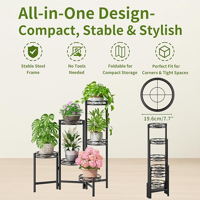 Plant Stand Indoor Outdoor, 6 Tier Metal Flower Shelf for Multiple Plants Corner Tall Floding Flower Holders for Patio Garden Living Room Balcony Bedroom - BlackCircle