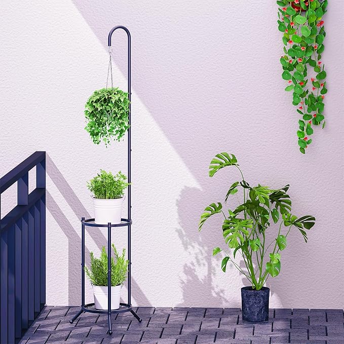 2-tier Hanging Plant Stand Plant Hanger Indoor Outdoor Corner Plant Stands for Indoor Plants, Space-Saving Iron Planter Shelves, Multiple Flower Pot Display Holder Shelf with Hanging Hook, Indoor Outdoor Heavy Duty Planter Shelving Unit (Hooked-style,B...