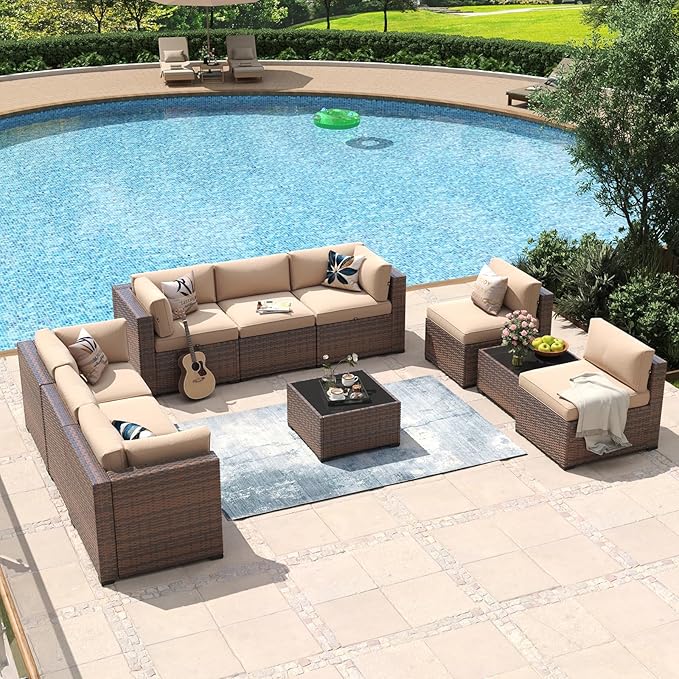 Aoxun 10 Piece Patio Furniture Set Wicker Rattan Patio Conversation Set Outdoor Sectional Sofa Set with Coffee Table and 4” Thickened Cushions, Beige(Waterproof Cover Included)