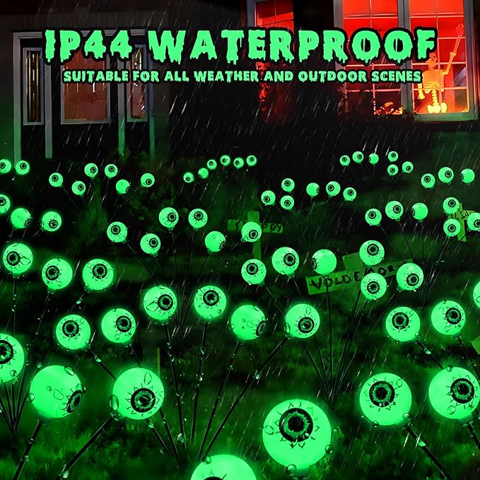 BrizLabs Solar Halloween Lights, 2 Pack 12 LED 2 Modes Halloween Eyeball Lights, Outdoor Pathway Light, Swaying Eye Firefly Walkway Lighting, Green Solar Lighting for Path Yard Garden Lawn