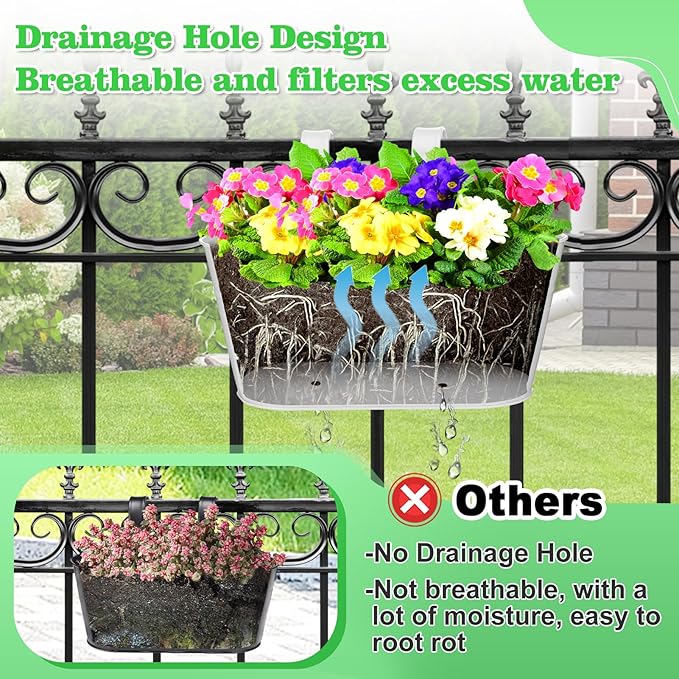 MADHOLLY Railing Planter with Drainage Holes - Sturdy Bucket Pots for Railing Fence, Countryside Style Metal Flower Pots for Herbs Balcony Garden Yard Decor, 2Pcs, White