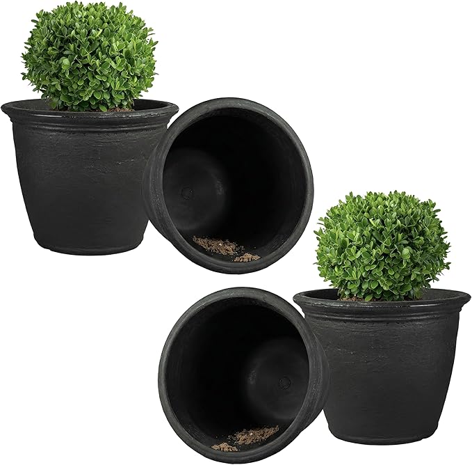Sunnydaze 24-Inch Anjelica Large Plastic Pot for Plants - Outdoor Double-Walled Large Plastic Planter with Drillable Drainage Holes - Matte Black - 4pk