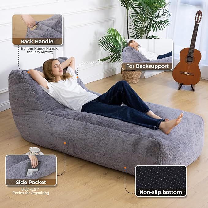 Giant Bean Bag Lounger Chair for Adults with Soft & Cozy Plush Fabric,Memory Foam Filled Beanbag Chair for Family Living Room,Bedroom and Game Room (Grey)