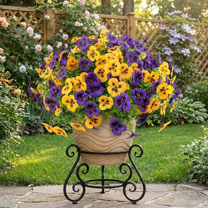 36 Pcs Artificial Fake Pansy Flowers for Outdoor, Faux UV Resistant Silk Pansies Flowers for Outside Planter Front Door Porch Yard Patio Window Box Home Decor (36, Yellow,Purple)