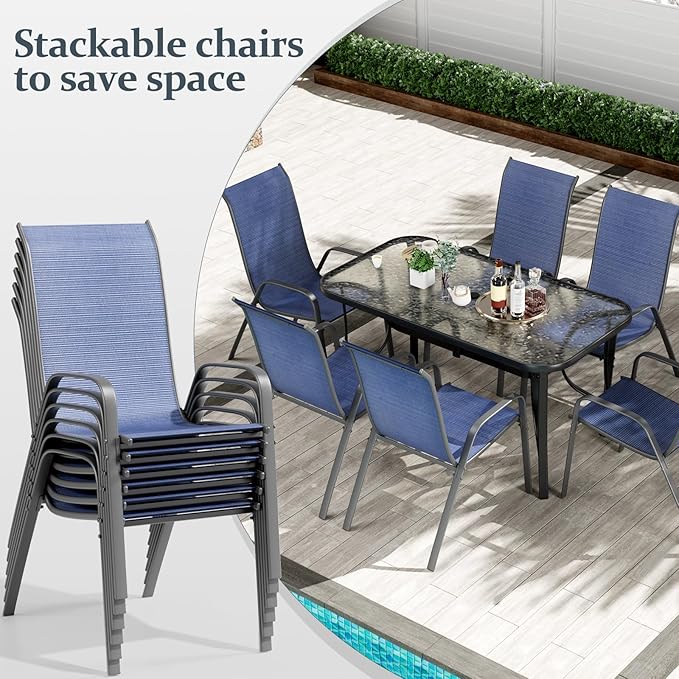 TLSUNNY 7 Pieces Patio Dining Set, Outdoor Table and Chairs W/1.69″ Umbrella Hole, 30"X 55" Table and Stackable Textilene Chair, All Weather Patio Furniture Set (Umbrella not Included) (Navy Blue)