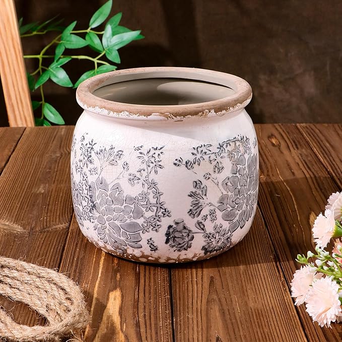 Flower Pot,Vintage Gray Ceramic Pot for Planter with Drainage Holes, 6.29 inch Ice Crack Glazed Small Rustic Planters Pot for Indoor,Tucan Home Decor,Gardening Gifts