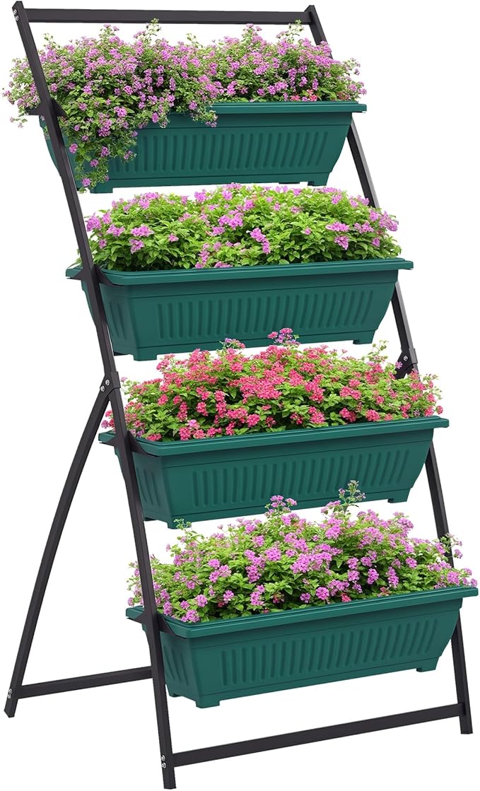 Outsunny Raised Garden Bed, 4 Tier Vertical Garden Planter Set, 4 Outdoor Planter Boxes with Stand, Self Draining Design Elevated Garden for Vegetable, Flowers & Herbs, Green