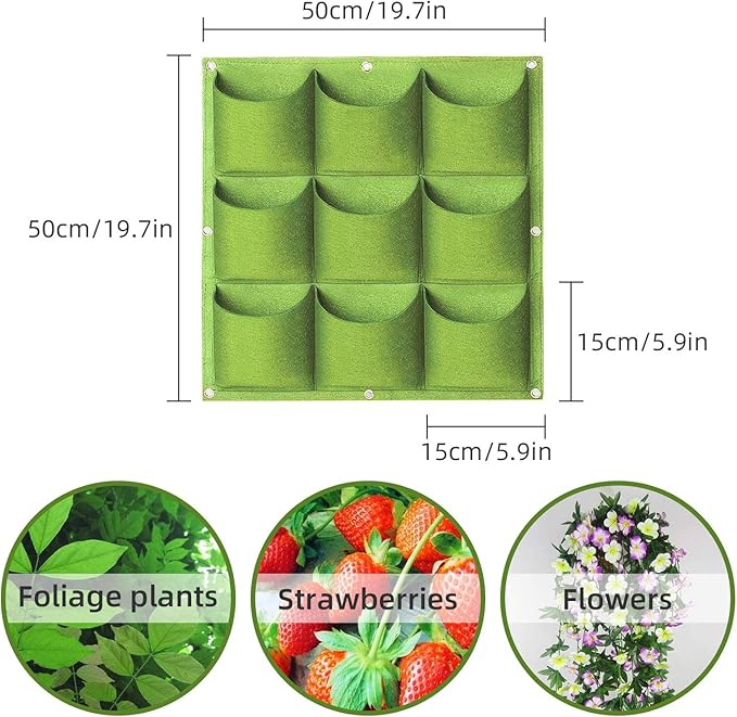 Hanging Planting Grow Bags, 9 Pockets Hanging Vertical Wall Planter Wall Mounted Grow Bag Outdoor Indoor Gardening Vertical Greening Flower Container, Planting Bags Storage Bags(0.5 m × 0.5 m, Green)