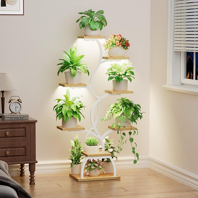 Plant Stand Indoor with Grow Light - 8 Tiered Plant Shelf Indoor, Corner Plant Stand, 49" Tall Plant Shelf with Lights for Indoor Growing, Lighted Flower Holder for Living Room, Balcony (White)