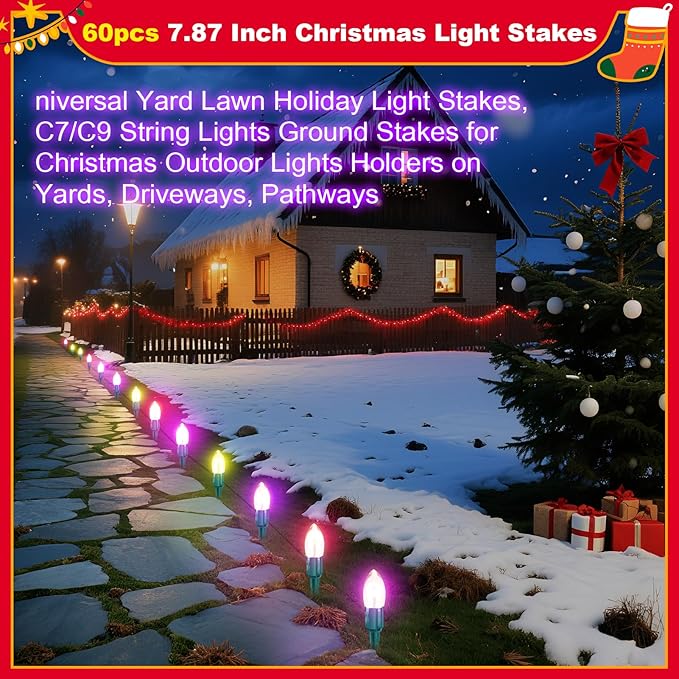60 Pcs 7.5 Inch Christmas Light Stakes, Christmas Yard Stakes for C7 C9 Christmas Lights, Garden Path Walkway Holiday Decorations(Green)