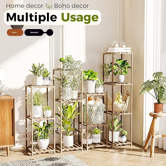 Bamworld 4 Sets Tall Plant Stands Indoor Outdoor Combo Plant Shelves Wooden Plant Holder Rack for Multiple Plants Flower Stands for Living Room Balcony Garden Patio Lawn Window