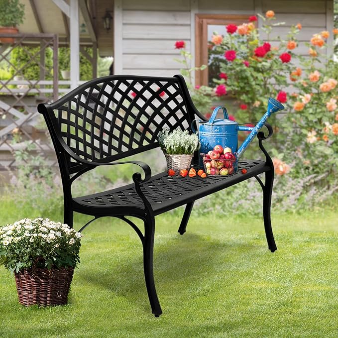 VINGLI 40.5" Patio Garden Bench,Anti- Rust Cast Iron Cast Aluminum Frame for Outdoor Path Yard Lawn Work Entryway Decor Deck (Black)