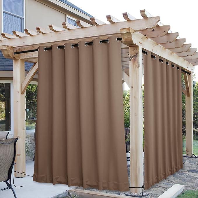 NICETOWN 2 Panels Weighted Blackout Curtains for Patio Waterproof, Top & Bottom Grommet & Back Tab Fixed Outdoor Curtains Windproof Drapes Thermal Insulated for Porch, W84 x L108, Tan