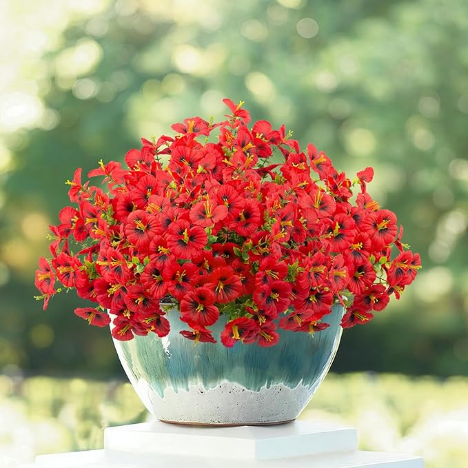 24 Bundles Artificial Pansy Flowers for Outdoor, Faux Silk Pansies Spring Flowers Outside for Planter Front Door Porch Patio Yard Window Box Home Decor (Red)